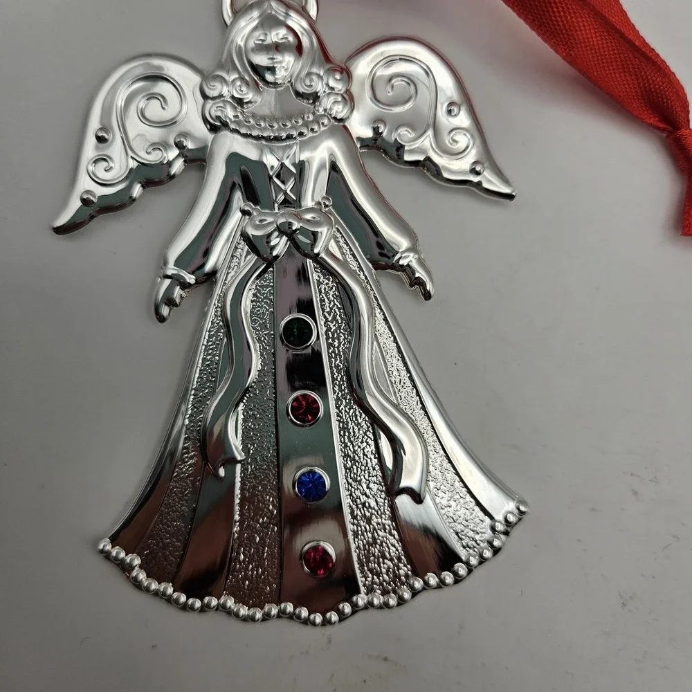 Lenox Silverplate Angel & Heart Hanging Ornaments Set of 2, Silver/Red Christmas
